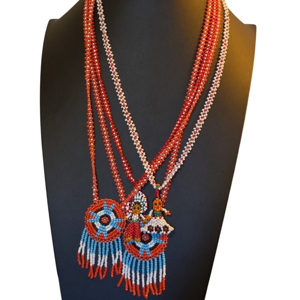 Lot of Four Native American Hand Beaded Seed Bead Vintage 70s Necklaces